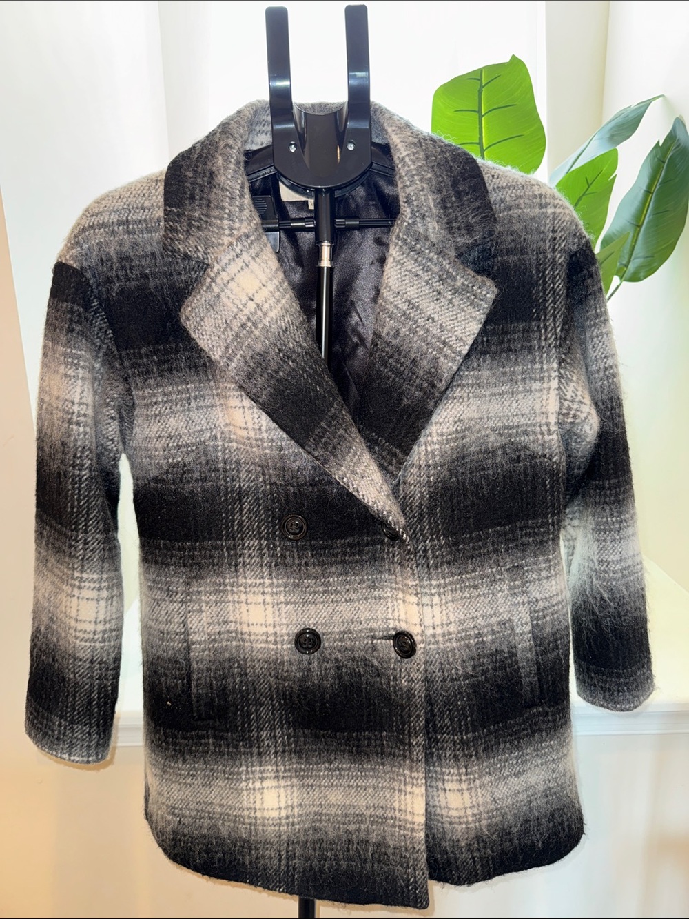 Wildflower Womens Black & Gray Plaid Double-Breasted Coat